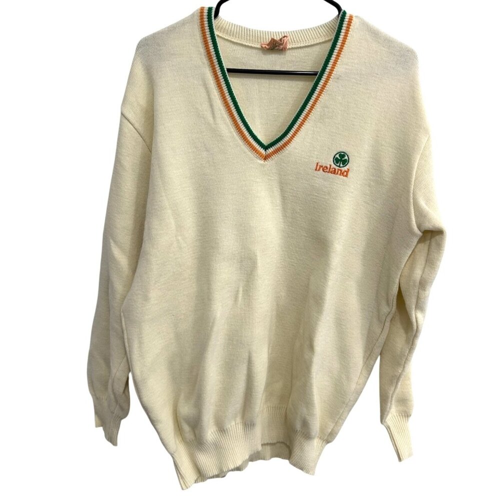 Vintage McArdle Irish Knitwear Cream V-Neck Sweater Shamrock Ireland Logo